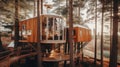 The exterior design of modern wooden Scandinavian treehouse with tall trees in forest and lake view. Generative AI AIG30