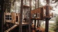 The exterior design of modern wooden Scandinavian treehouse with tall trees in forest and lake view. Generative AI AIG30