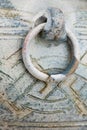 Exterior detail of the blue painted vintage clay pot with scratched metal handle. Royalty Free Stock Photo