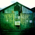 Exterior detail view of abandoned industrial buildings