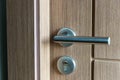 Exterior door handle and Security lock on Metal frame. Aluminum door knob. Modern wooden door with metal door handle Royalty Free Stock Photo