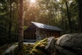 Exterior of ecologic cottage with big french windows and photovoltaics panels in forest ,created with Generative AI