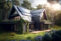 Exterior of ecologic cottage with big french windows and photovoltaics panels ,created with Generative AI technology.