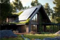 Exterior of ecologic cottage with big french windows and photovoltaics panels ,created with Generative AI technology.