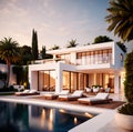 Exterior of elegant luxury resort home villa with swimming pool Royalty Free Stock Photo