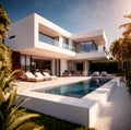 Exterior of elegant luxury resort home villa with swimming pool Royalty Free Stock Photo