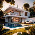 Exterior of elegant luxury resort home villa with swimming pool Royalty Free Stock Photo