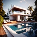 Exterior of elegant luxury resort home villa with swimming pool Royalty Free Stock Photo