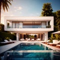 Exterior of elegant luxury resort home villa with swimming pool Royalty Free Stock Photo