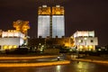 Exterior embossed with a gold roof and illuminated the Russian Academy of Sciences on the background of black sky