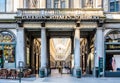 Exterior entrance of the Queen`s gallery in the Saint-Hubert Royal Galleries in Brussels, Belgium Royalty Free Stock Photo