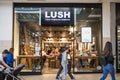 Exterior, entrance and shop sign of Lush Handmade Cosmetics showing window display, sign, signage, brand, branding and logo