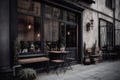 Exterior of european cafe in a residential building with outdoor tables. Generative AI