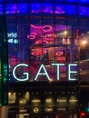 Exterior evening capture of the illuminated entrance to the Gate entertainment complex in Newcastle, Tyne and Wear