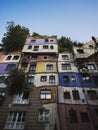 Exterior expressionist architecture facade panorama of colourful Hundertwasserhaus building house wall in Vienna Austria Royalty Free Stock Photo