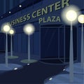 Exterior of facade of business center at night