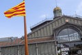 Exterior facade and catalan flag, entrance of El Born Cultural and Memorial Center, cultural space, housed in a building that was Royalty Free Stock Photo