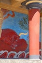 Exterior fresco of bull and classical Minoan column, Knossos, Crete Island, Greece Royalty Free Stock Photo