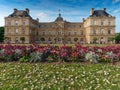 Exterior frontal view of Luxembourg Palace in Paris France in springtime