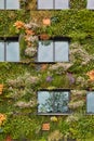 Green sustainable building covered with blooming vertical hanging plants