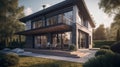 Exterior image of a new modern house with large windows. Generative AI Royalty Free Stock Photo