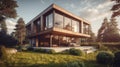 Exterior image of a new modern house with large windows. Generative AI Royalty Free Stock Photo