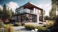 Exterior image of a new modern house with large windows. Generative AI Royalty Free Stock Photo