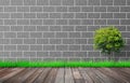 Empty space room of Gray brick wall and wooden floor with green grass. Royalty Free Stock Photo