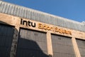 Exterior of intu Eldon Square shopping centre mall showing company sign, signage, logo and branding on side of building Royalty Free Stock Photo