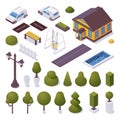Exterior isometric set with townhouse, trees, pool, car and decoration. Vector 3d collection