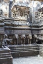 Exterior of the Kailasa temple with elephant sculptures, Ellora caves, Maharashtra, India,