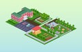 Exterior kindergarten school isometric. Facade outdoor building studying or entertainment children