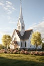 Exterior of little white country church building on a sunny day with white clouds Royalty Free Stock Photo