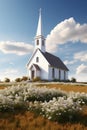 Exterior of little white country church building on a sunny day with white clouds Royalty Free Stock Photo