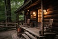 exterior of log cabin with wooden porch, rocking chair and lantern Royalty Free Stock Photo