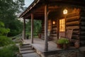 exterior of log cabin with wooden porch, rocking chair and lantern Royalty Free Stock Photo