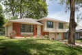 Exterior of a luxurious house with brown brick walls on sale in Kansas City, Missouri, US