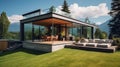 exterior of a luxury villa in a minimal style. Glass house in the mountains, photo AI Royalty Free Stock Photo