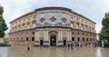 Exterior main facade view at the Charles V Palace, located on Assabica hill, plaza Palace Charles V with tourist people visiting,