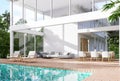Exterior of Minimal style modern white house with wooden terrace and blue tile swimming pool 3d render Royalty Free Stock Photo