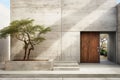 Exterior of a minimalist private house made of concrete with a wooden front door. Design of a modern building.