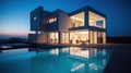 Exterior of modern building with swimming pool at dusk Royalty Free Stock Photo