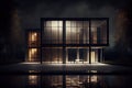 exterior of a modern house, with blurred lights and reflections in the windows, at night Royalty Free Stock Photo