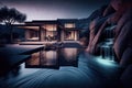the exterior of a modern house with an infinity pool and waterfall at night Royalty Free Stock Photo