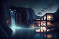 the exterior of a modern house with an infinity pool and waterfall at night Royalty Free Stock Photo