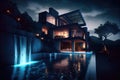 the exterior of a modern house with an infinity pool and waterfall at night Royalty Free Stock Photo