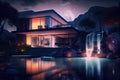 the exterior of a modern house with an infinity pool and waterfall at night Royalty Free Stock Photo