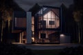 exterior of modern house, with lights turned on, at night Royalty Free Stock Photo