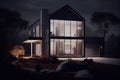 exterior of modern house at night, with lights shining from windows and door Royalty Free Stock Photo