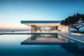 Exterior of modern minimalist white villa with pool. A luxurious house with curved shapes, located on the coast of the ocean.